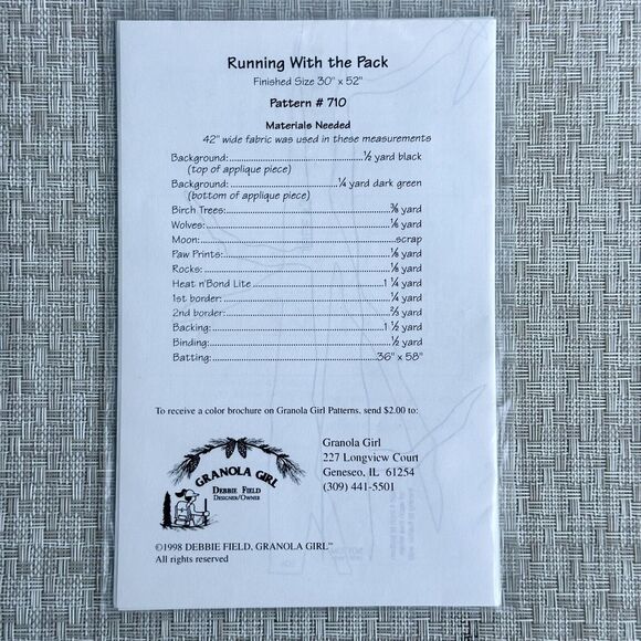 Vintage 1998 Granola Girl 710 Running With The Pack Wolf Quilt Pattern 30"x52” - Picture 3 of 3